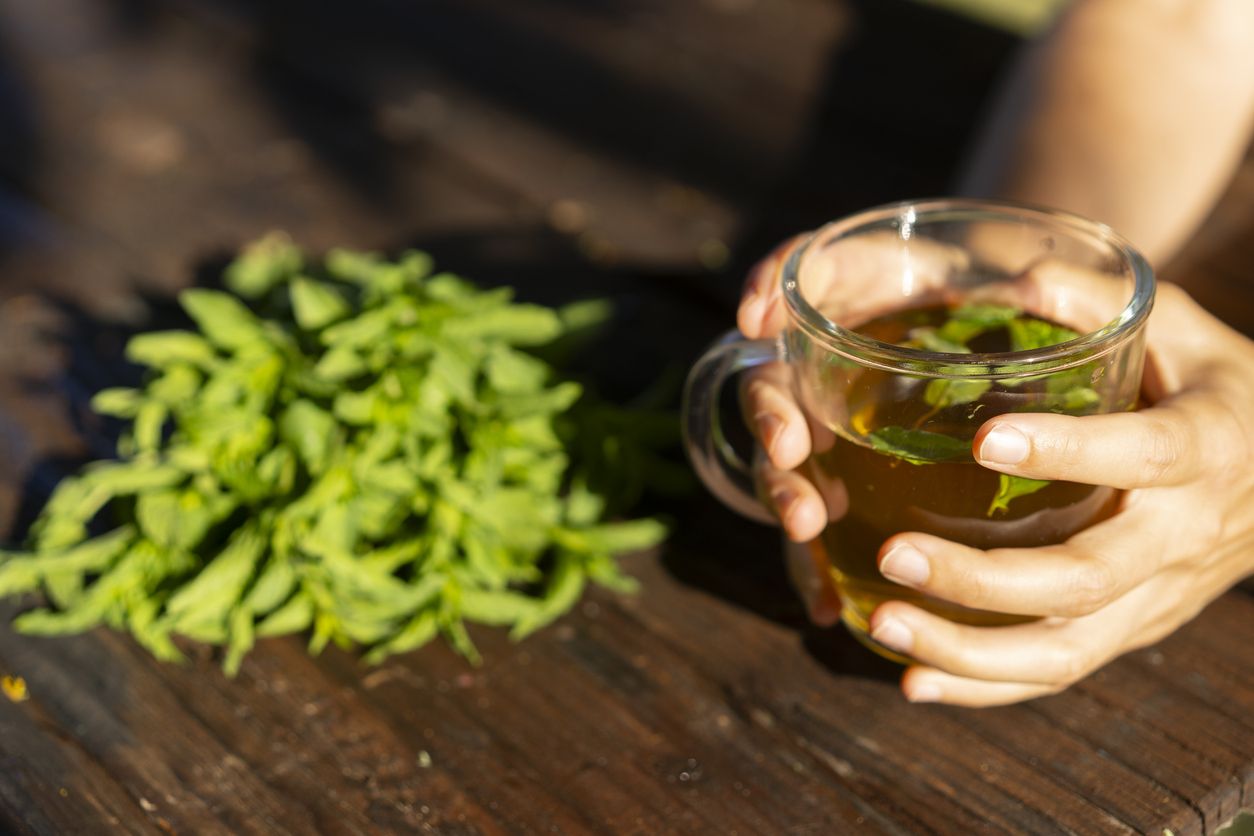 An individual enjoys a beautifully presented cup of mint tea, holding it gently while fresh mint leaves rest nearby on a wooden table, embodying relaxation and a calming experience.